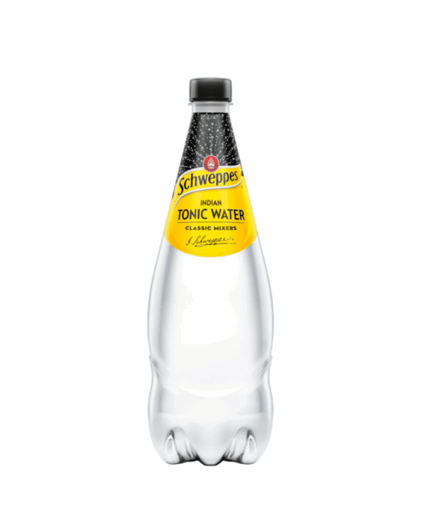 Clear plastic bottle of Schweppes Indian Tonic Water with yellow label and black cap.
