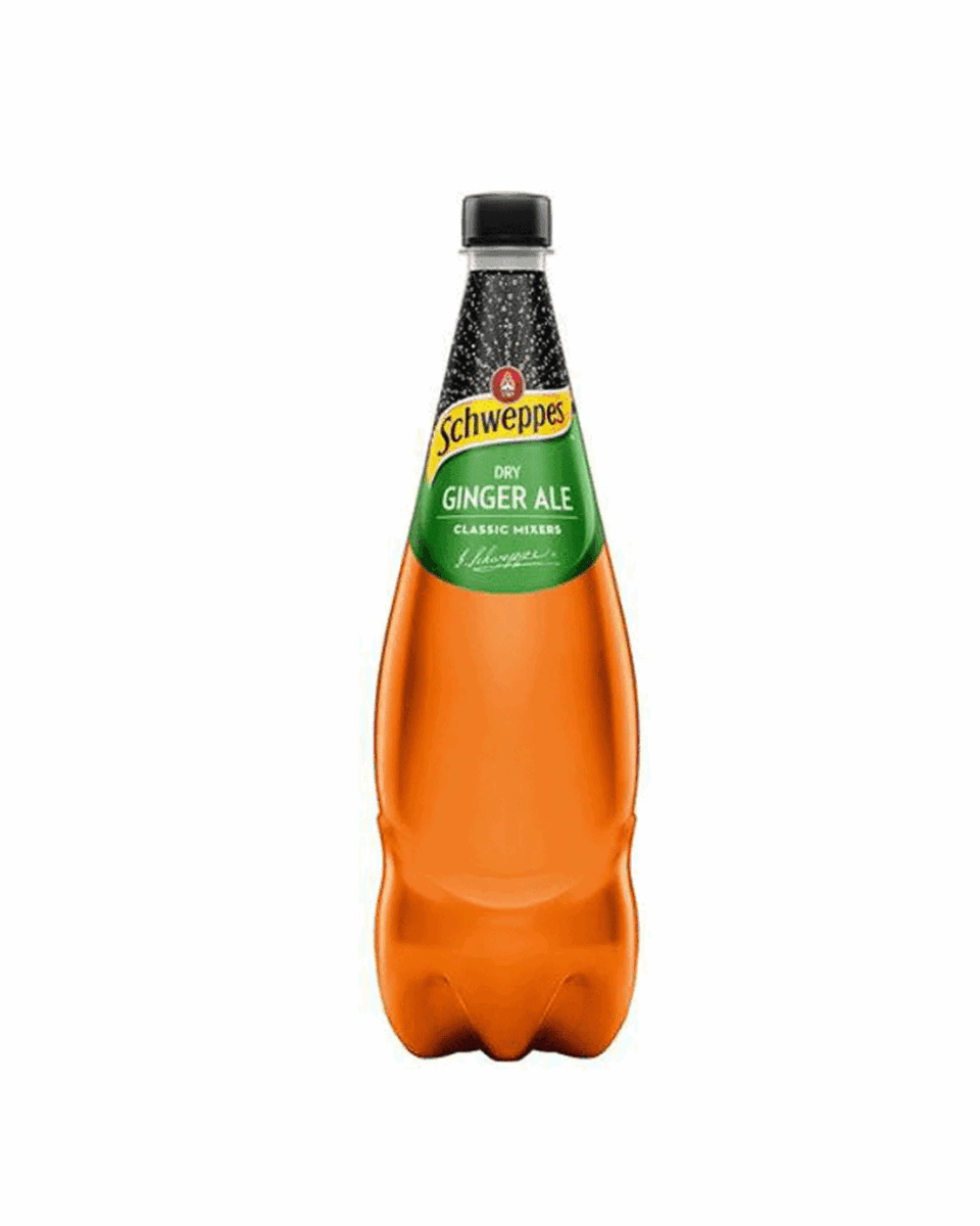 Schweppes Dry Ginger Ale bottle with green label, orange tint, and black cap.