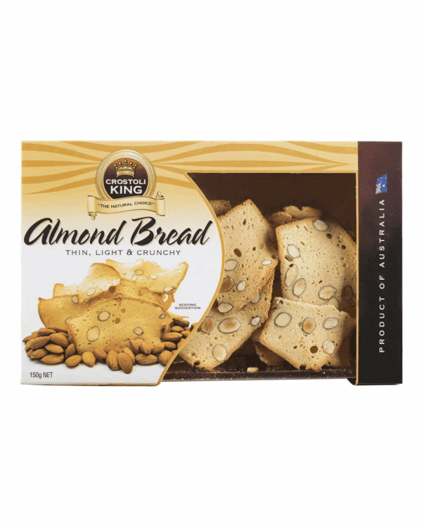 Box of almond bread by Crostoli King, thin, light, crunchy, product of Australia.