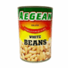 Can of AEGEAN white beans labeled "Famous for Quality" with green, red, yellow design.