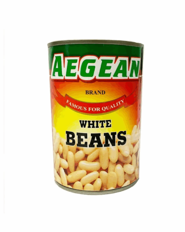 Can of AEGEAN white beans labeled "Famous for Quality" with green, red, yellow design.