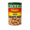 Aegean white borlotti beans can with colorful label, beans illustration, quality noted.