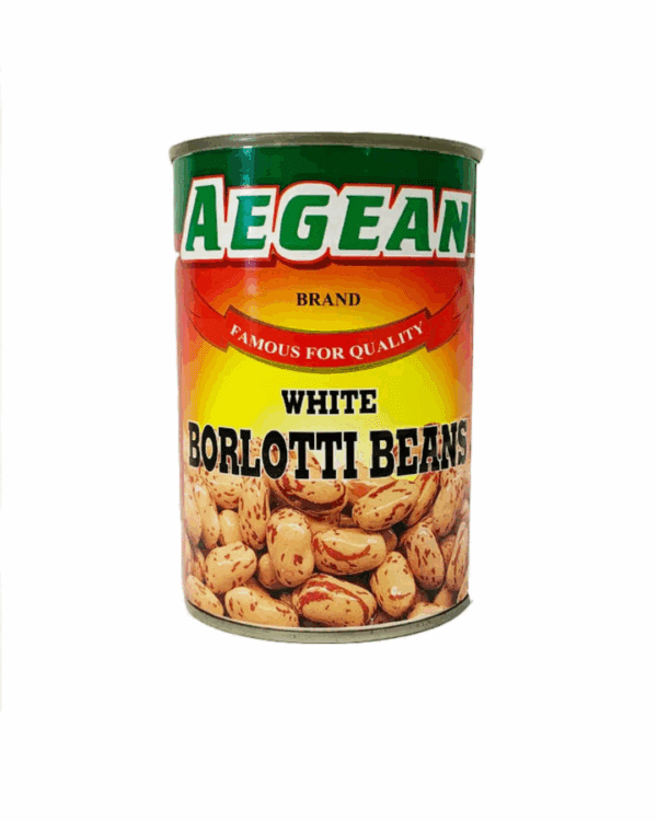 Aegean white borlotti beans can with colorful label, beans illustration, quality noted.