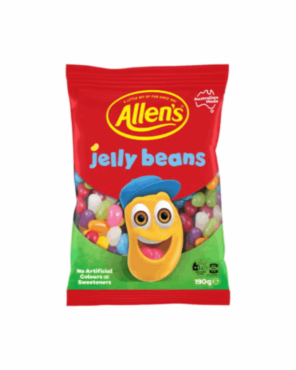 Allen's Jelly Beans package, 190g, cartoon character, no artificial colors, Australian-made.