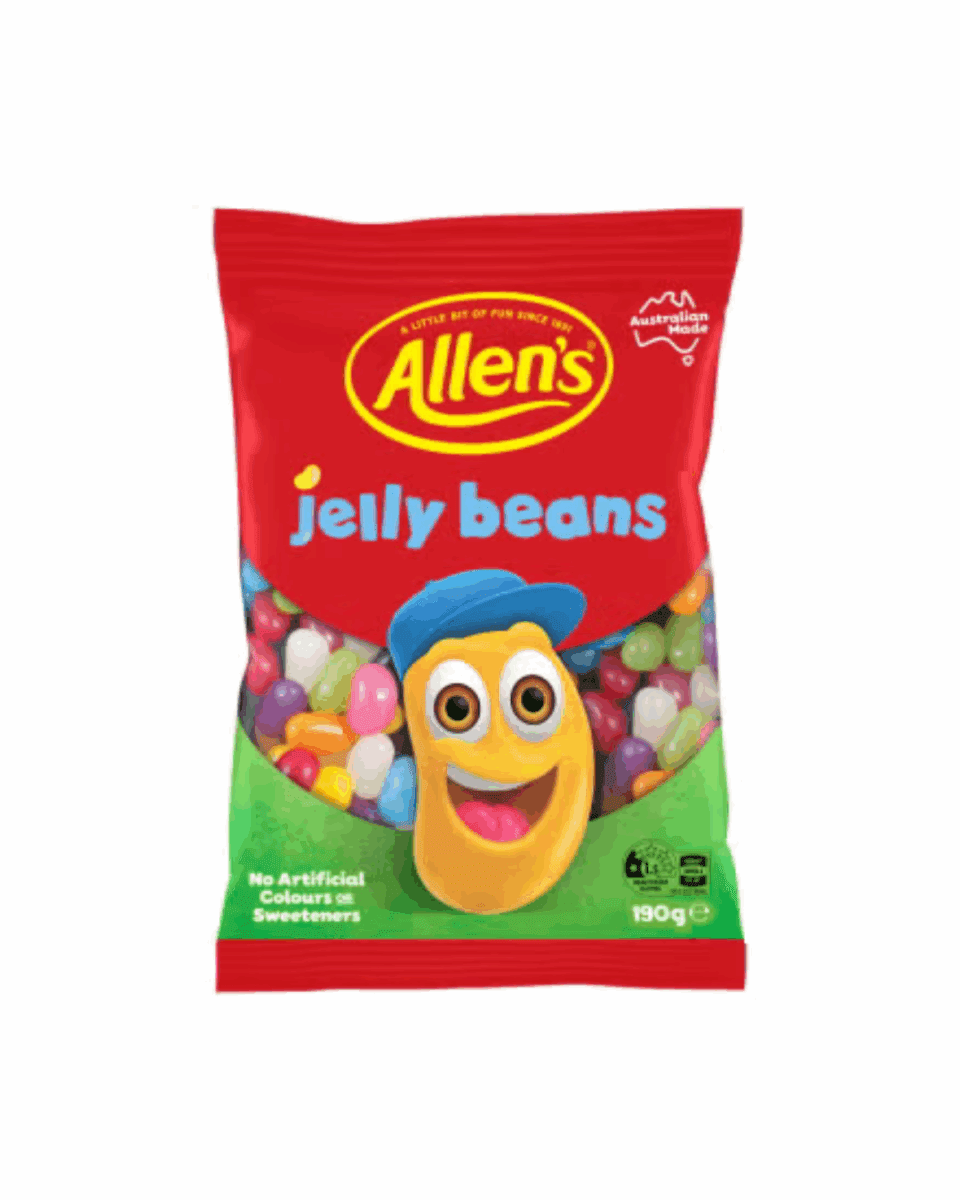 Allen's Jelly Beans package, 190g, cartoon character, no artificial colors, Australian-made.