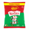 Allen's Minties red/green bag with 150g mint sweets, "No Artificial Colours," nutritional info.