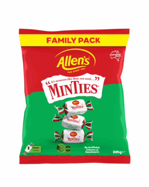Allen's Minties red/green bag with 150g mint sweets, "No Artificial Colours," nutritional info.