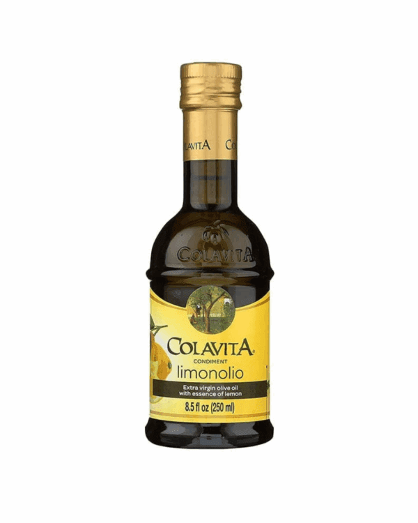 Colavita Limonolio olive oil with lemon essence, 8.5 fl oz, yellow label, lemon design.