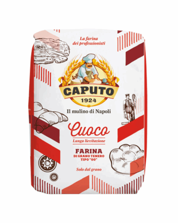 Caputo "00" flour package with baking illustrations and brand details from Napoli.