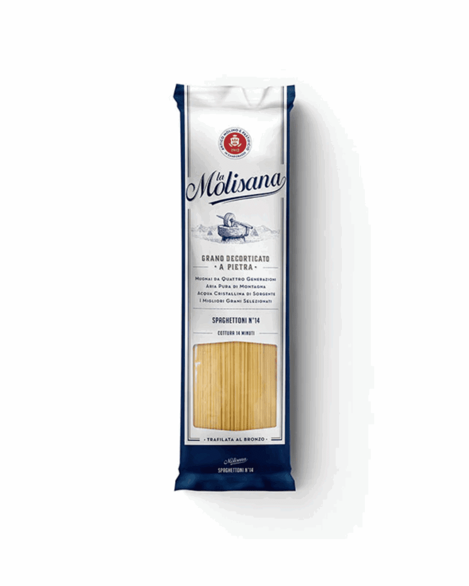 La Molisana Spaghettoni N°14 package showing pasta, cooking time, and Italian origin details.