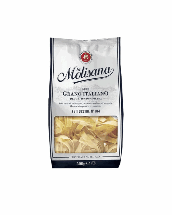 La Molisana fettuccine pasta, 500g, Italian wheat, transparent packaging section.