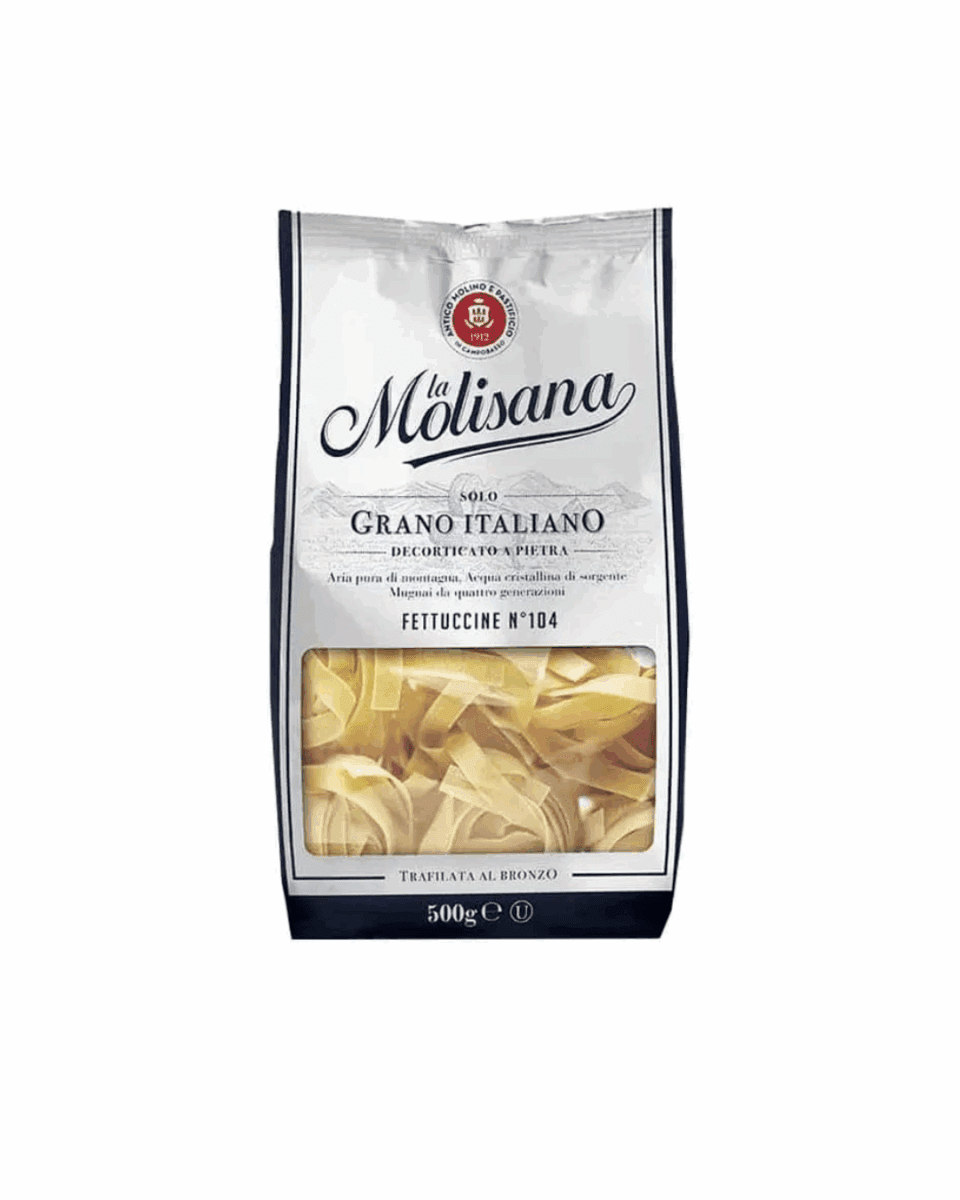 La Molisana fettuccine pasta, 500g, Italian wheat, transparent packaging section.