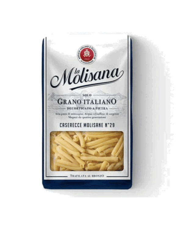 La Molisana Caserecce No. 29 pasta package with Italian wheat, stone-milled ingredients.