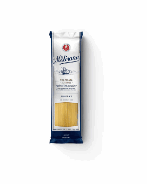 Package of La Molisana Spaghetti No. 15 with cooking time and milling details.