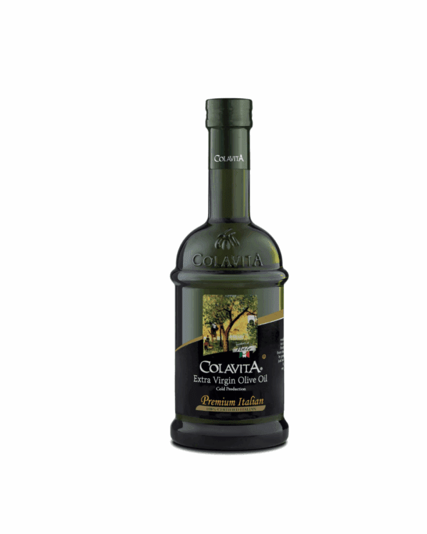 Colavita Extra Virgin Olive Oil bottle with olive trees on label, premium Italian product.