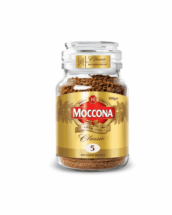 Moccona Classic instant coffee jar with gold label, medium roast intensity level 5.