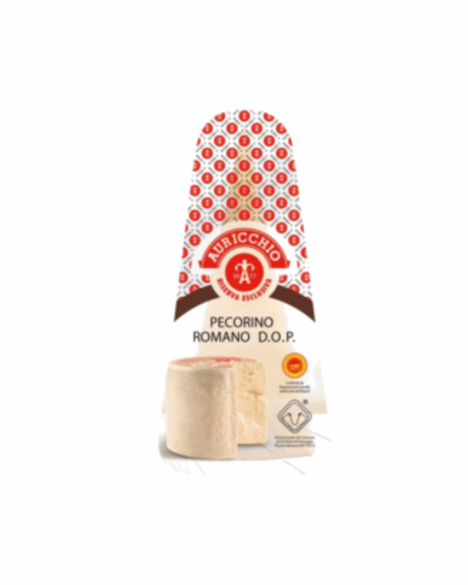 Packaged wedge of Auricchio Pecorino Romano D.O.P. cheese with patterned wrapper.