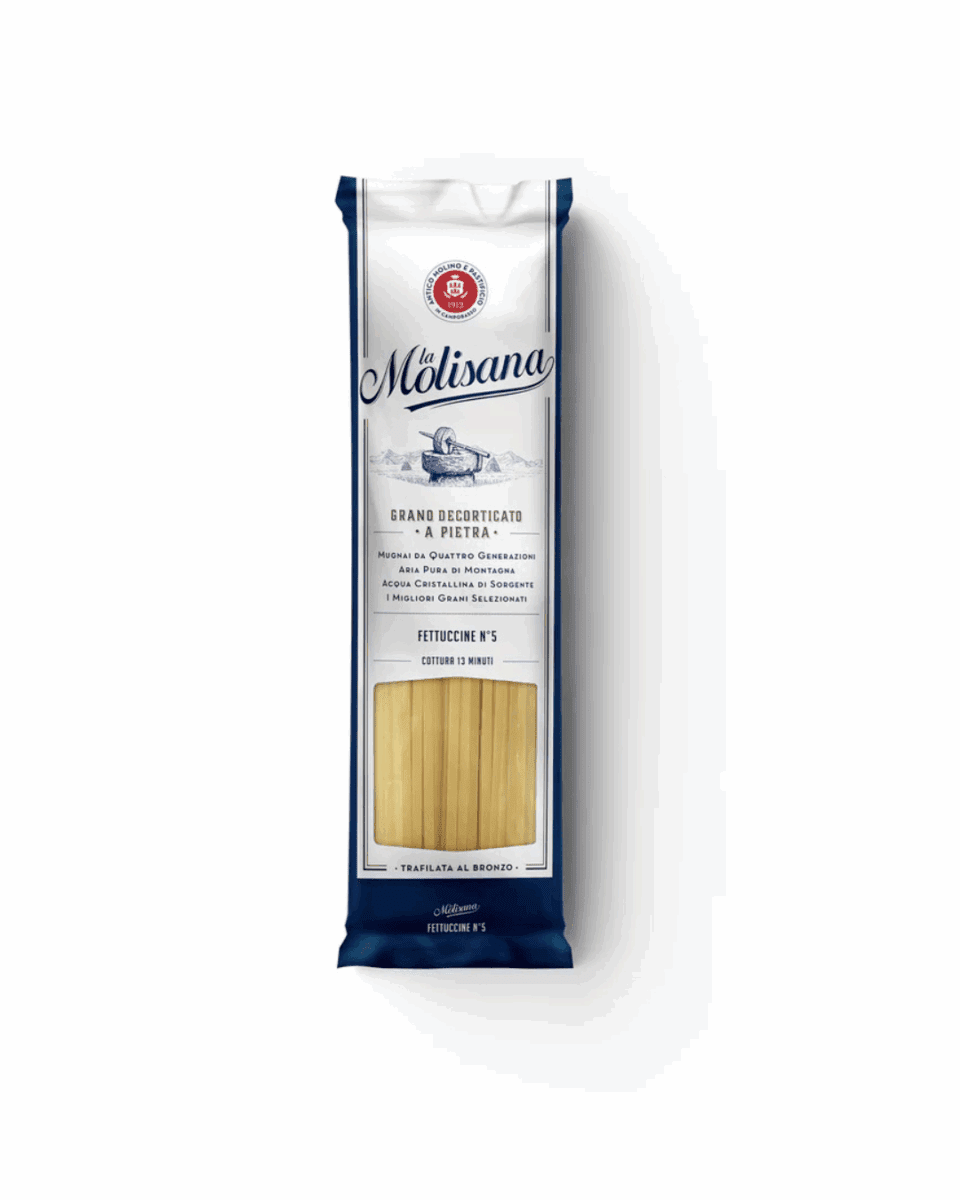 La Molisana fettuccine pasta package with white, blue accents, transparent window.