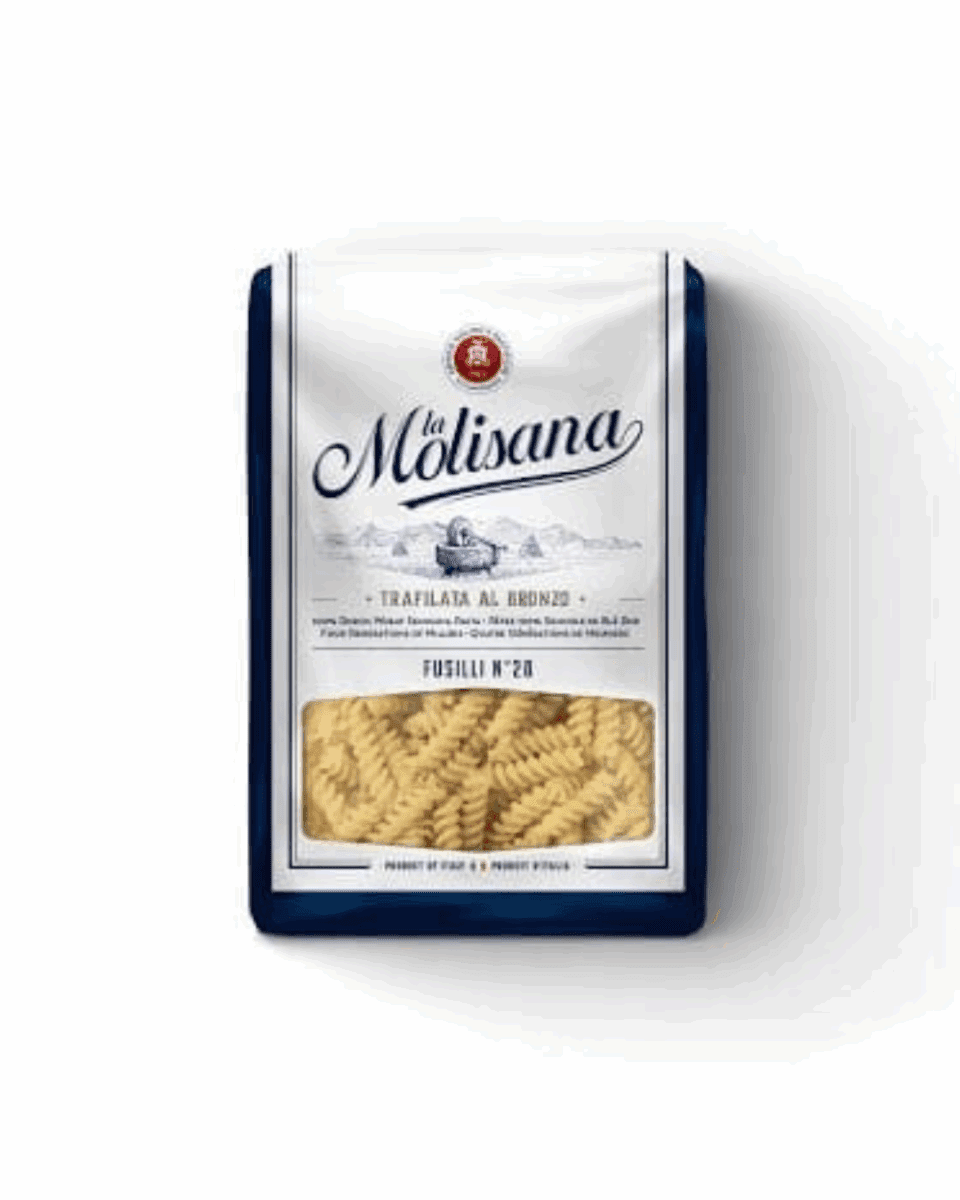 La Molisana Fusilli No. 28 pasta package, white with navy accents, clear section showing pasta.