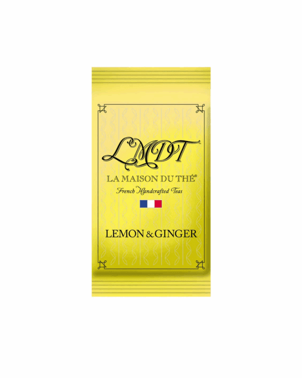 Yellow tea package of La Maison Du Thé, Lemon & Ginger flavor, with French flag.