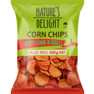 NATURES DELIGHT CORN CHIPS ZESTY LIME CHILLI