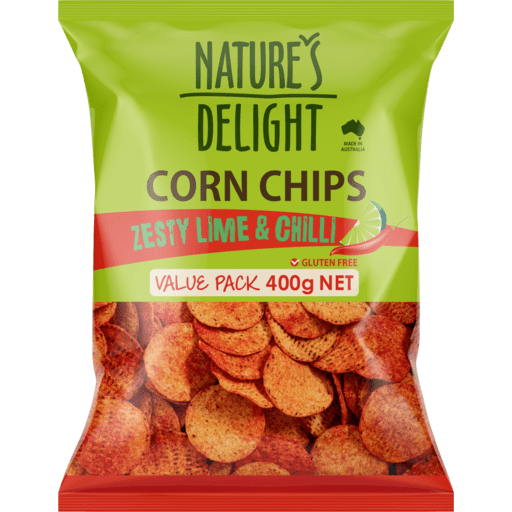 NATURES DELIGHT CORN CHIPS ZESTY LIME CHILLI
