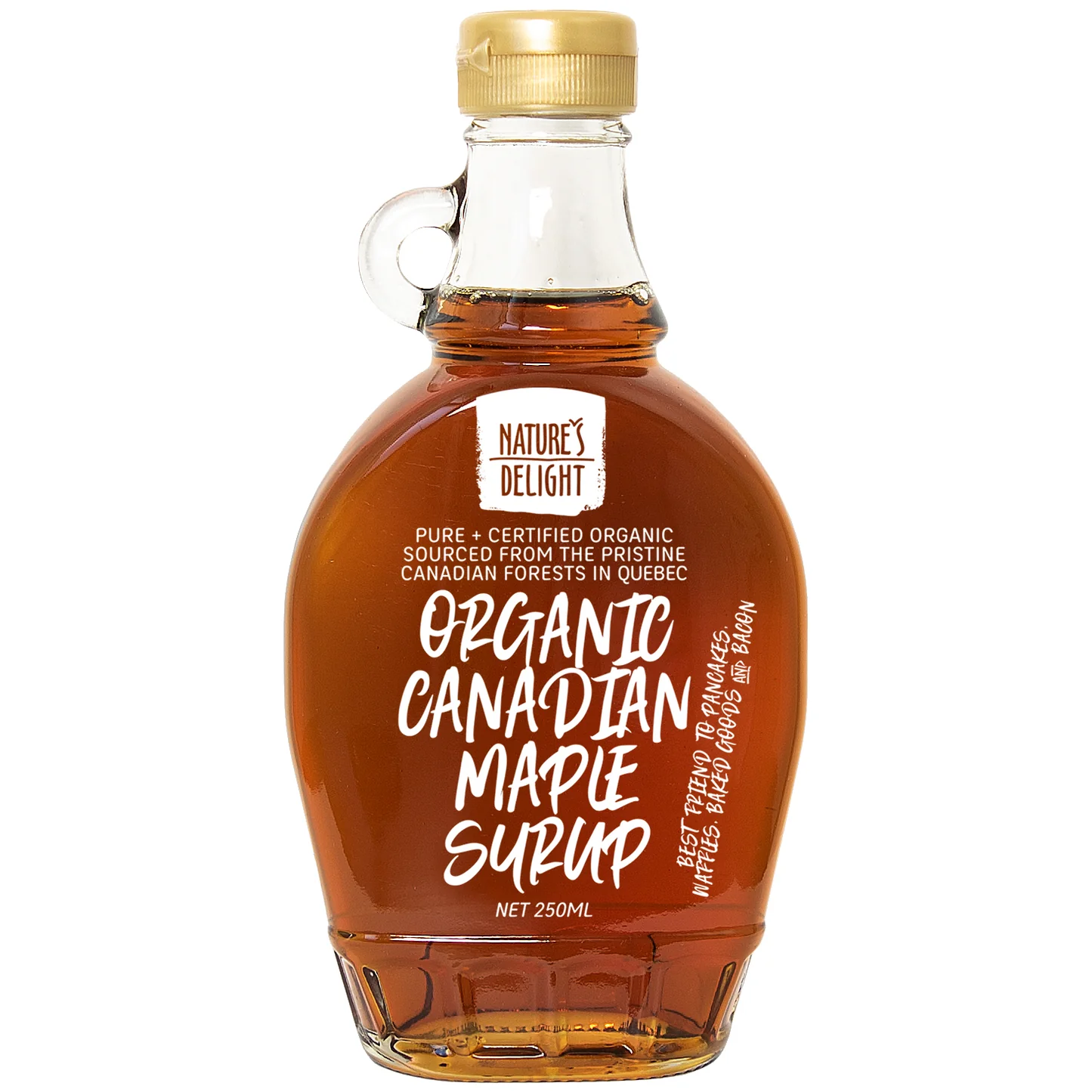 Organic Canadian maple syrup bottle with label, loop handle, twist cap, 250ml net weight.