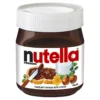 Jar of Nutella hazelnut spread with cocoa, 400g, white lid, label with bread and knife.