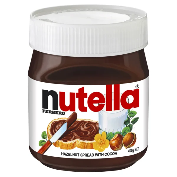 Jar of Nutella hazelnut spread with cocoa, 400g, white lid, label with bread and knife.