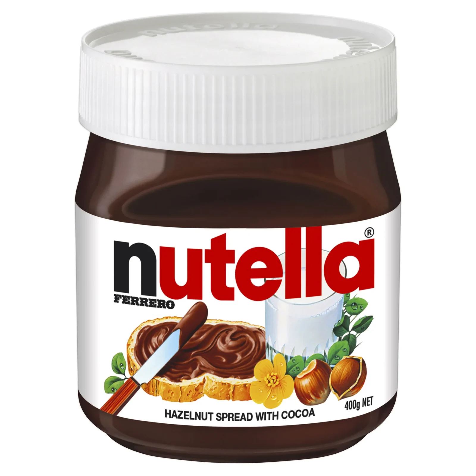 Jar of Nutella hazelnut spread with cocoa, 400g, white lid, label with bread and knife.