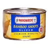 Can of Pandaroo sliced bamboo shoots, 227g, labeled premium quality, blue and yellow design.