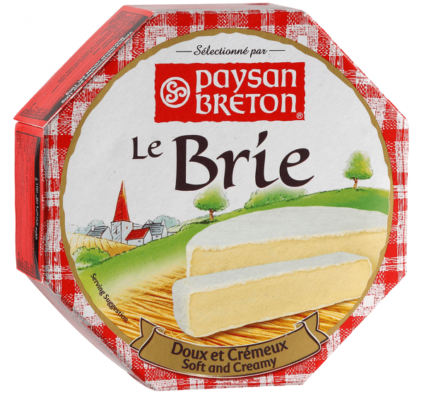 Octagonal Paysan Breton Le Brie cheese package with red plaid design and countryside illustration.
