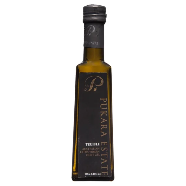 Dark brown glass bottle labeled "Pukara Estate" with truffle-flavored olive oil, 250ml.