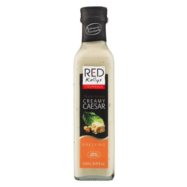 250ml Red Kellys Tasmania Creamy Caesar dressing, black cap, lettuce, and croutons on label.