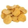 Pile of round, golden-brown tortilla chips with a lightly textured surface.