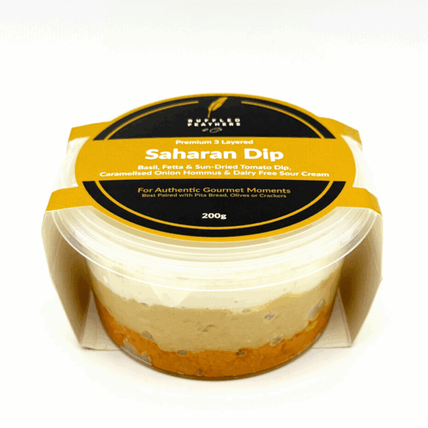 Premium three-layered dip with basil, feta, onion hummus, in 200g container, Truffled Feathers.