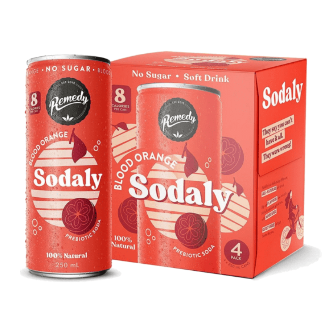250 ml can and four-pack box of Sodaly blood orange prebiotic soda, 100% natural, no sugar.