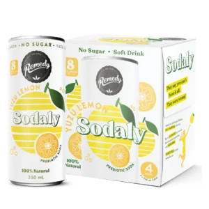 Remedy Sodaly Yuzu Lemon prebiotic soda 4-pack, 250mL cans, no sugar, 8 calories, natural.