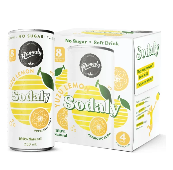 Remedy Sodaly Yuzu Lemon prebiotic soda 4-pack, 250mL cans, no sugar, 8 calories, natural.