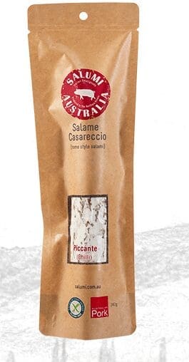 Salami packaging with "Salame Casareccio," spicy chili icon, 325g, Australian pork logo.