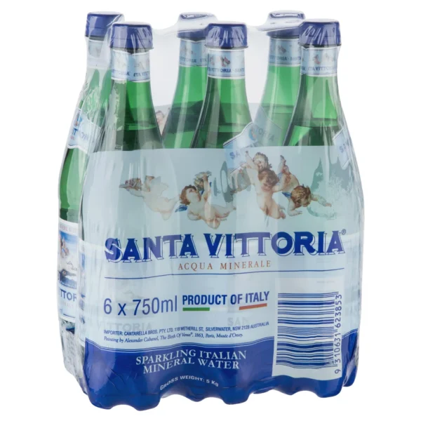 Six-pack of 750ml Santa Vittoria sparkling water in blue-green packaging with cherub images.