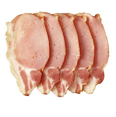 Raw bacon slices on a wooden board with a parsley sprig on the side.