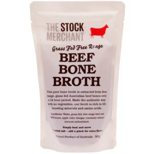 Grass-fed free-range beef bone broth pouch, 500g, Australian product, no added salt.