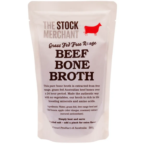 Grass-fed free-range beef bone broth pouch, 500g, Australian product, no added salt.