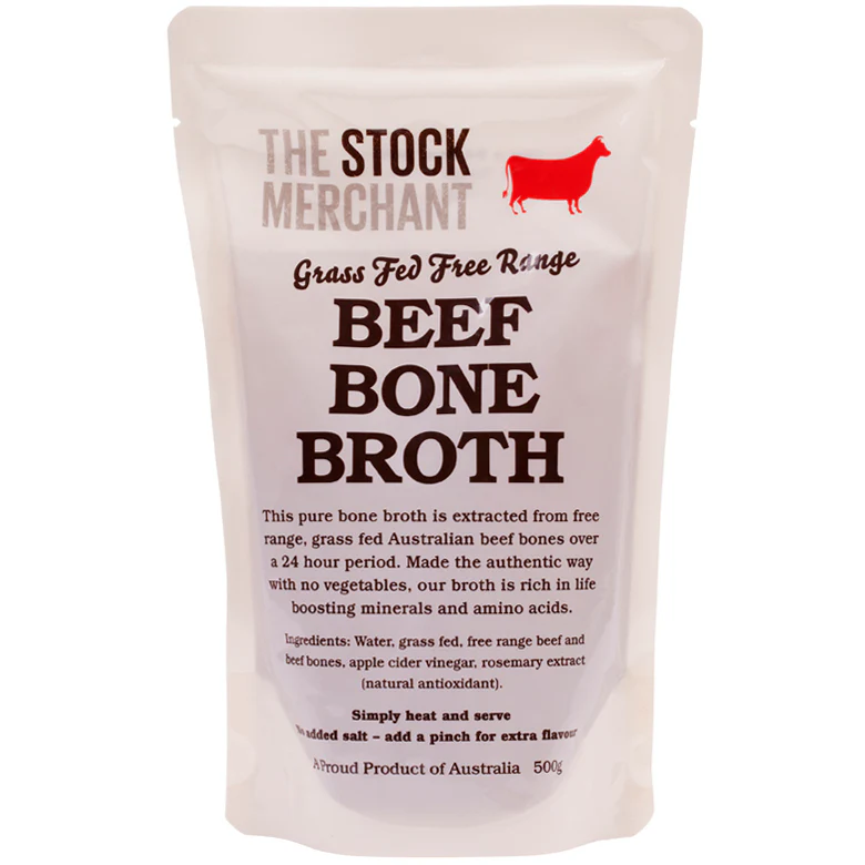 Grass-fed free-range beef bone broth pouch, 500g, Australian product, no added salt.