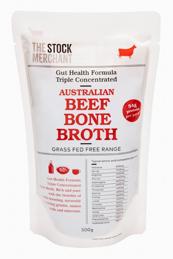 500g package of Australian Beef Bone Broth by The Stock Merchant, gut health, 54g protein.