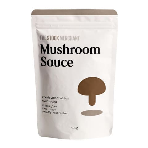 White 300g package labeled "Mushroom Sauce" with brown mushroom graphic, gluten-free, Australian.