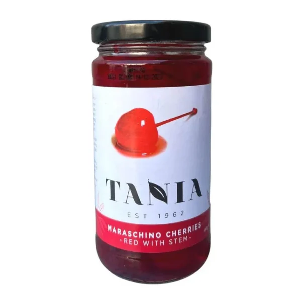 Jar of Tania maraschino cherries, labeled "Red with Stem," black lid, cherry image.