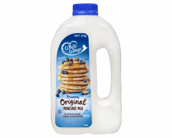 Pancake mix bottle, 350g, labeled "White Wings Scrummy Original," just add water.