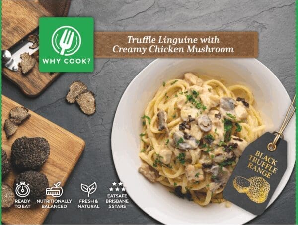 Bowl of truffle linguine with creamy chicken, mushrooms, herbs, tagged black truffle range.